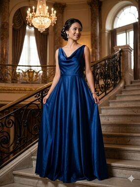 Galina Signature Elegant Cowl Neck Satin Prom Dress in Deep Blue Faux Wrap